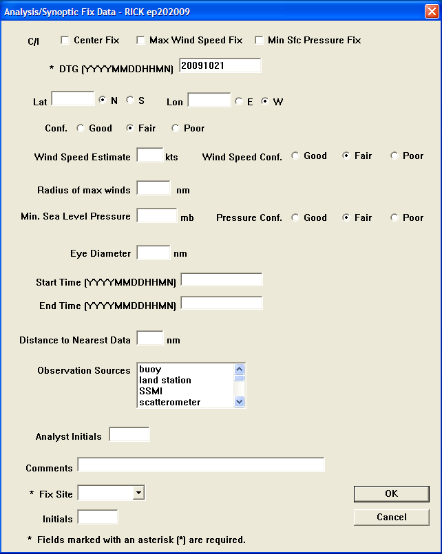 Analysis/Synoptic Fix Data Entry Dialog