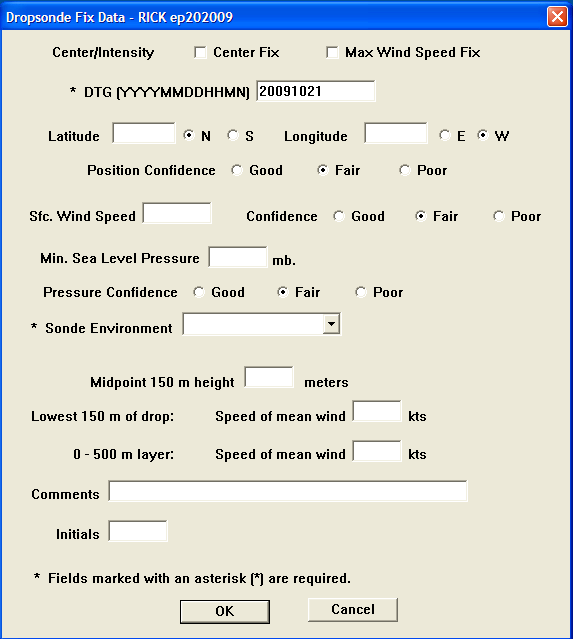 Dropsonde Fix Data Entry Dialog