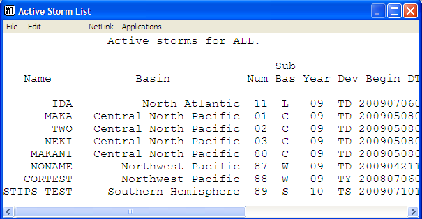 List Active Storms output