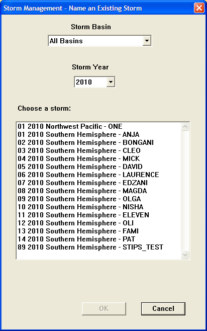 Storm Management - Name an Existing Storm Dialog